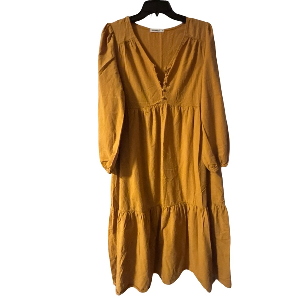 Mustard Long-Sleeve Tiered Babydoll Bohemian Cottagecore Midi Dress Size Medium